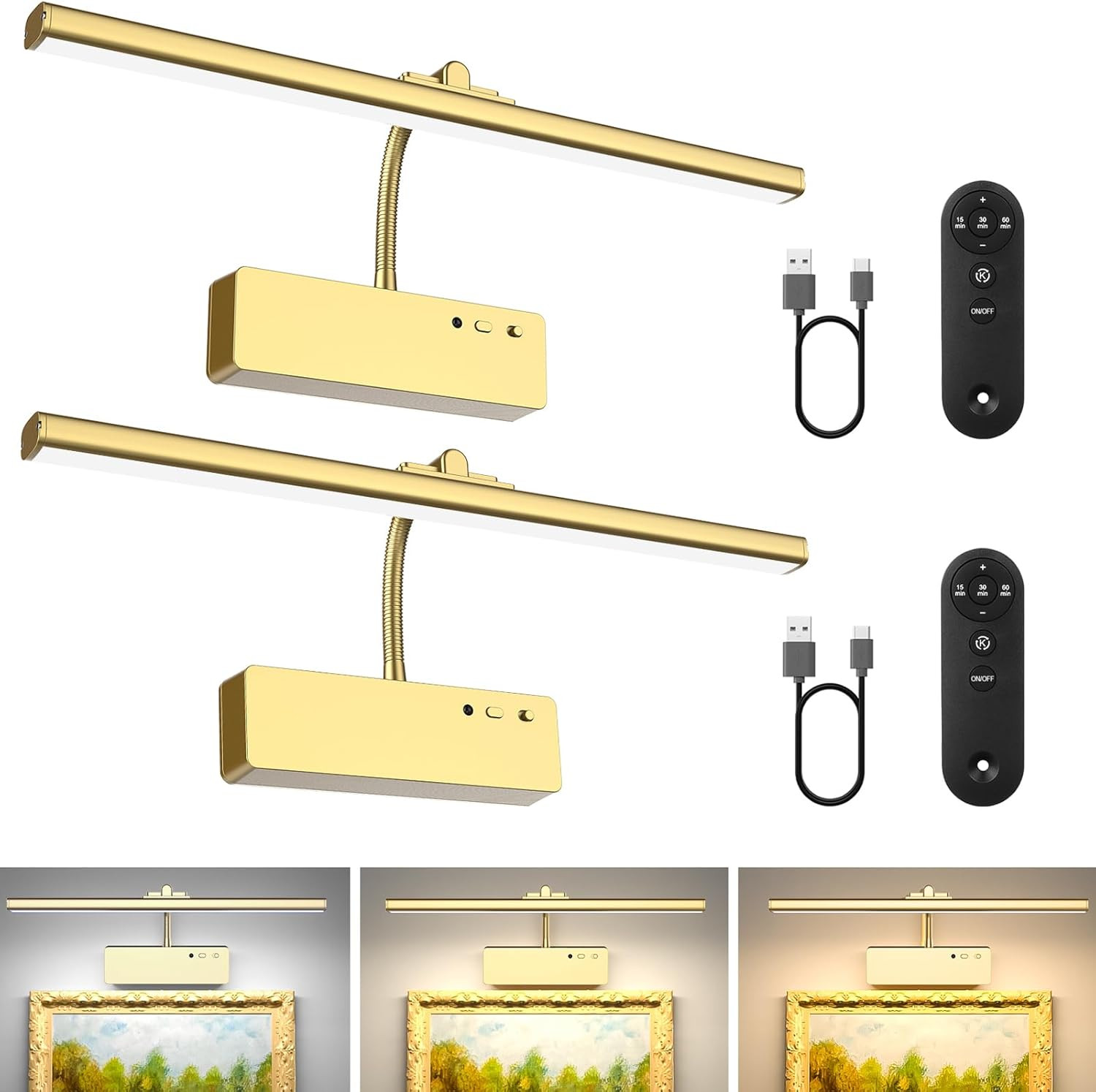 Wireless Rechargeable Picture Light with Remote, Dimmable Art Display - 2PCS Gol