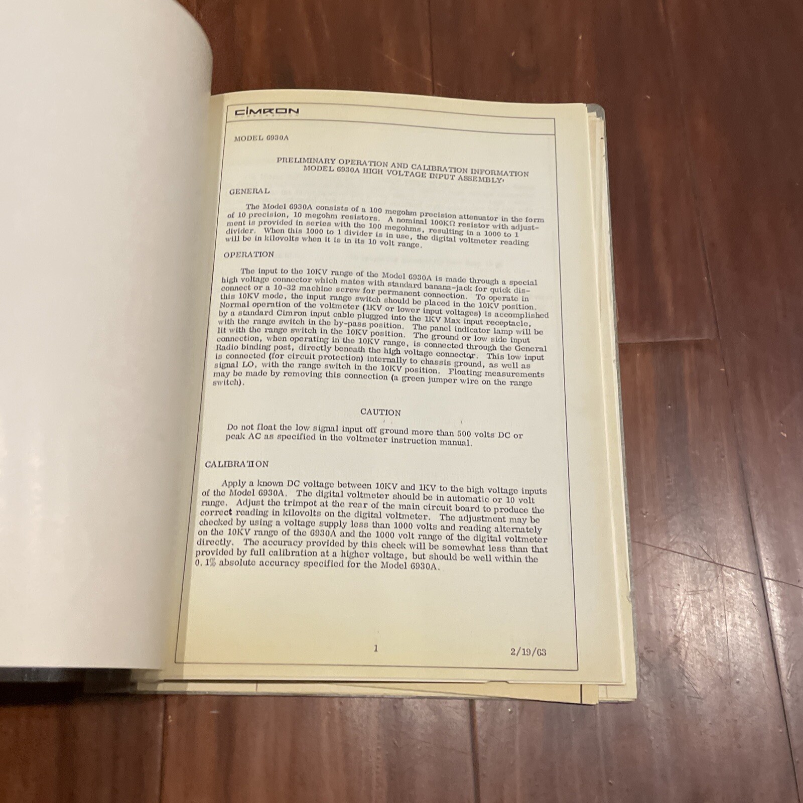 Cimron 6930A High Voltage Input Assembly Operation & Calibration Manual