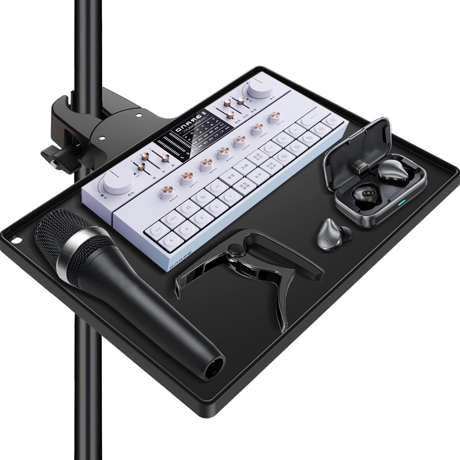 Mic Stand Tray 10.6" X 7.8" Large with Crab Clamp for Mixers & Gear | Sturdy ABS