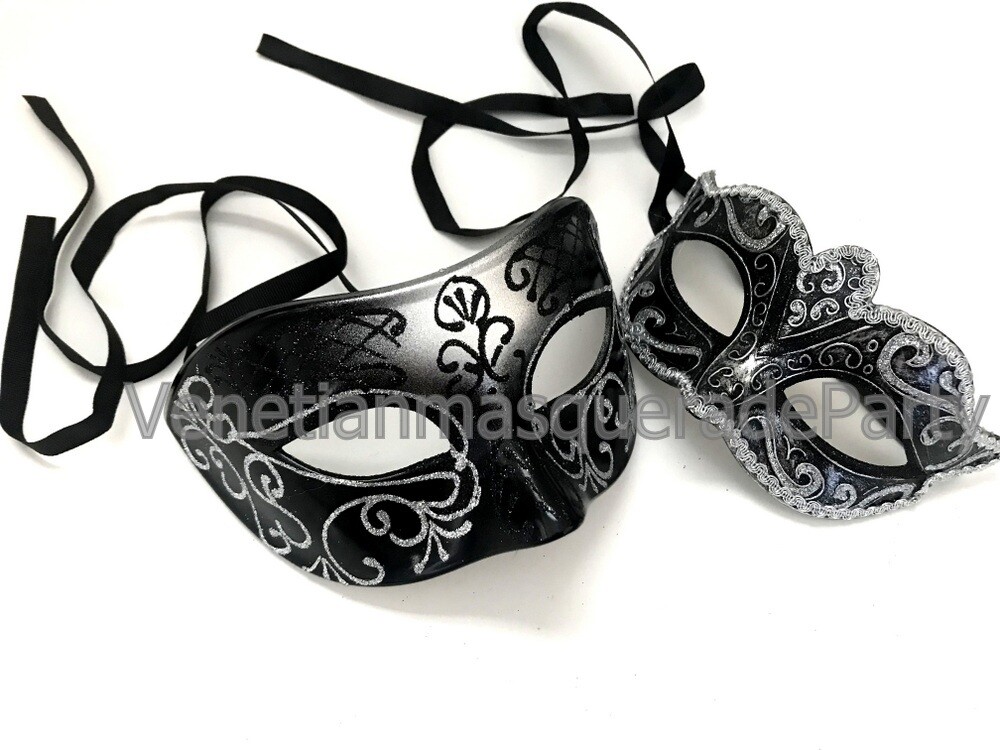 Black Silver Masquerade Ball Mask Pair Costume Formal Reunion Black Tie Party