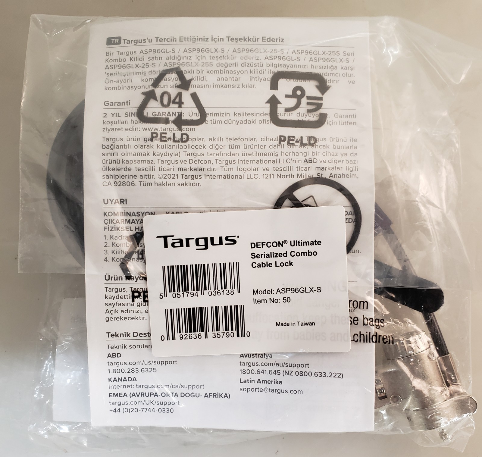 Targus ASP96GLX-S Defcon Ultimate Serialized Combo Cable Lock NEW *SEALED*