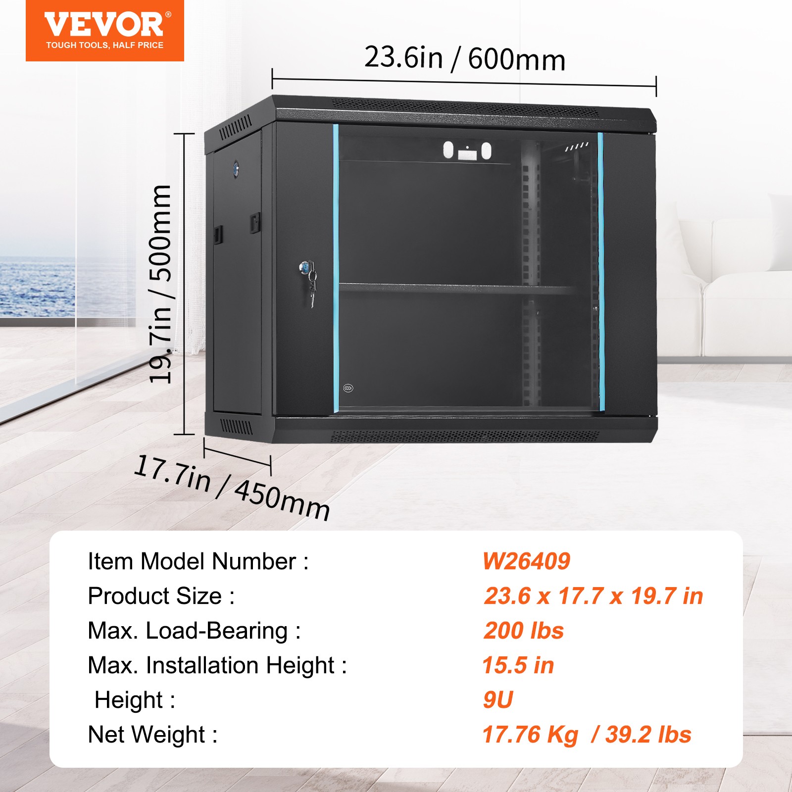 VEVOR 9U Wall Mount Network Server Rack Cabinet Enclosure 15.5'' Deep Door Lock