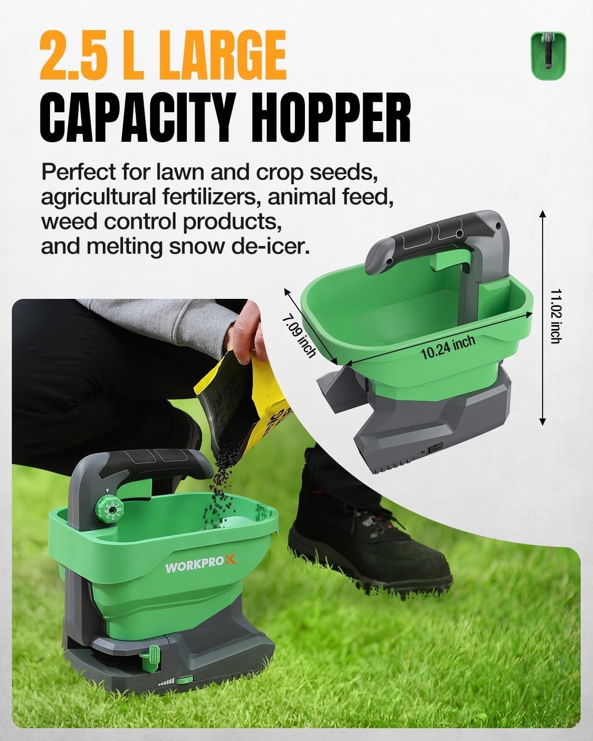 Battery Powered Fertilizer Spreader, 7.2V Seed Spreader for Salt, De-Icer