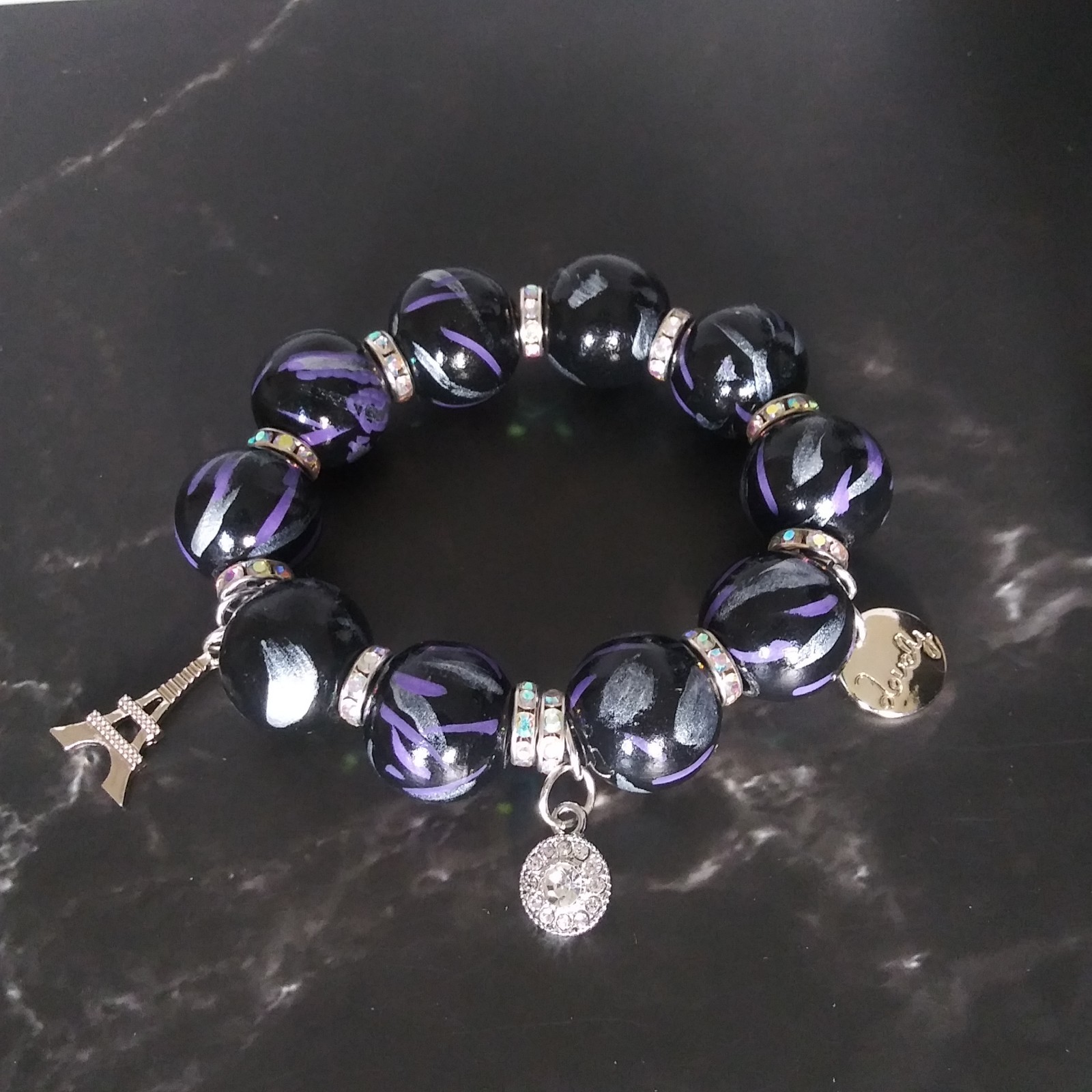 Midnight in Paris – OOAK Women's Hand-Painted Wood Bead Bracelet