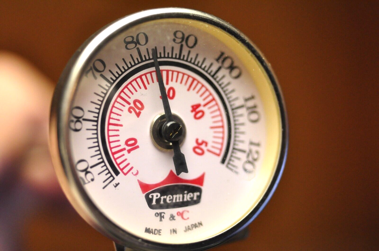 Premier 1 5/8" diameter darkroom dial thermometer with 6" stem. Tested.