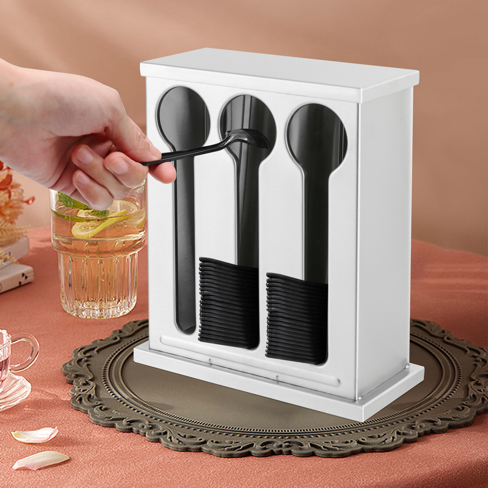 Stainless Steel 3-Compartment Utensil Dispenser for Forks and Spoons