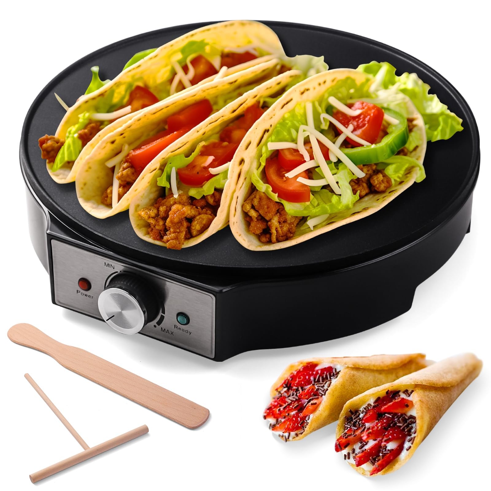 12 Electric Crepe Maker, Griddle, Non-Stick Pan, Roti, Tortilla, 1000W