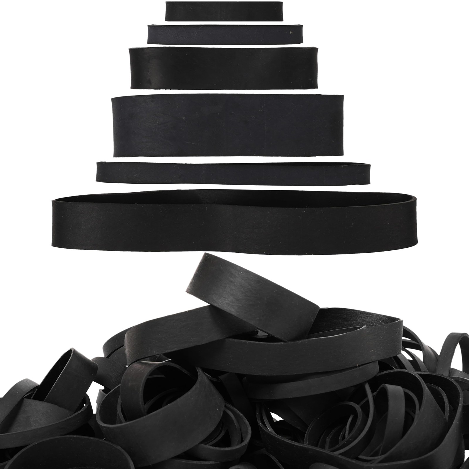 65Pcs Rubber Bands Assorted Sizes Black 6 sizes 1.5in 2in size 82