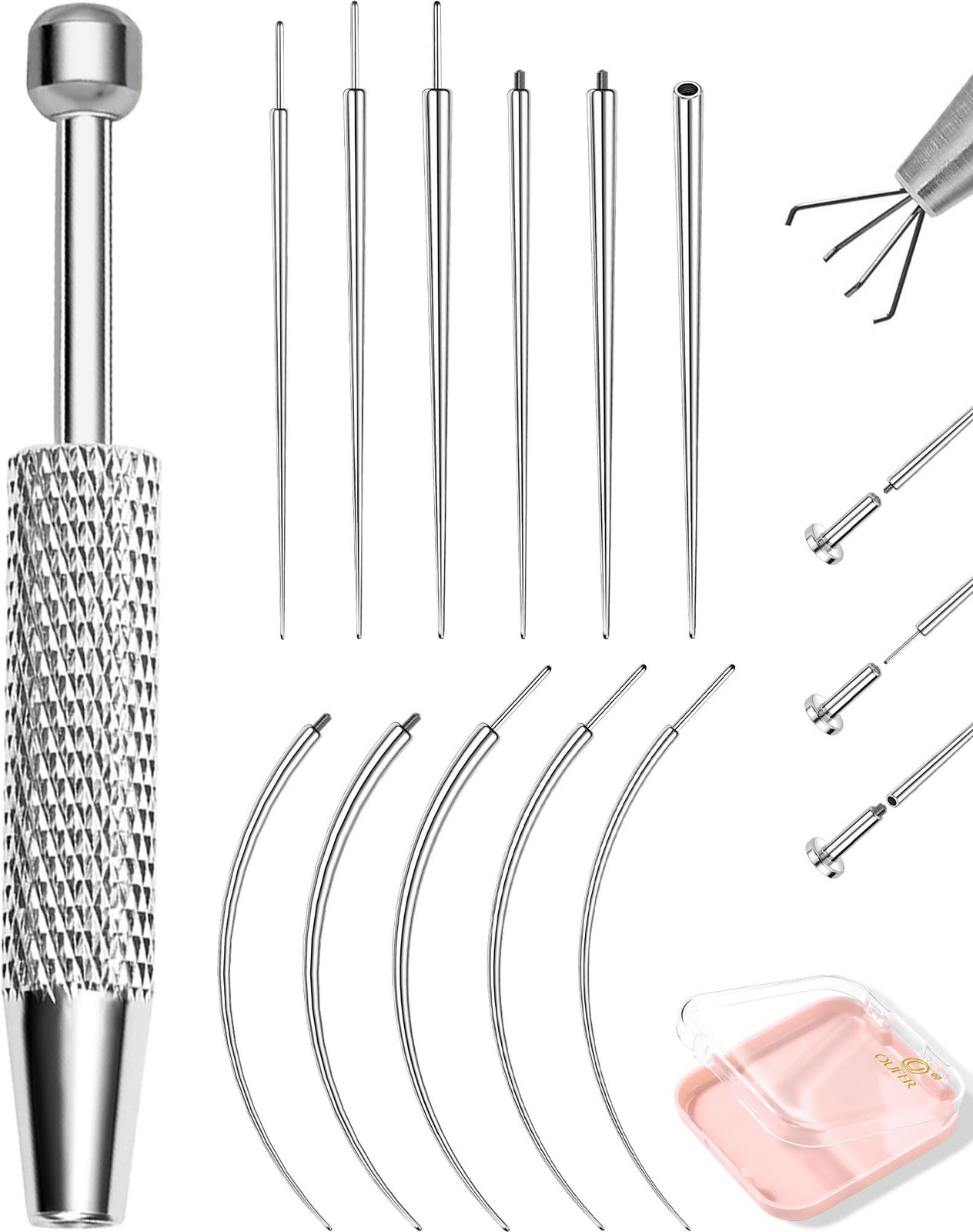 OUFER Piercing Ball Grabber, 16G/18G/20G Flat Back 16G/18G/20G, Silver