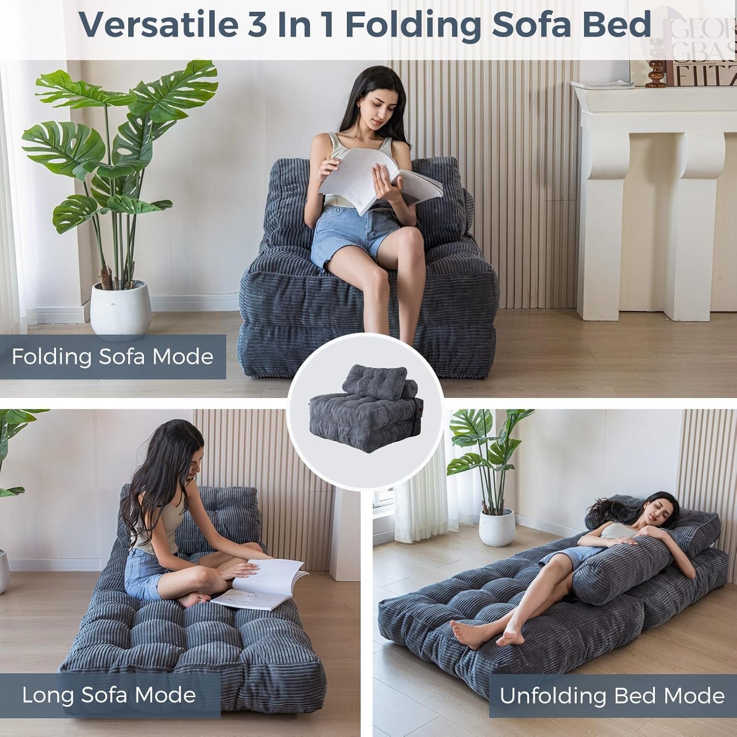 Portable Dark Grey Convertible Sleeper Chair with Headrest & Lumbar Support