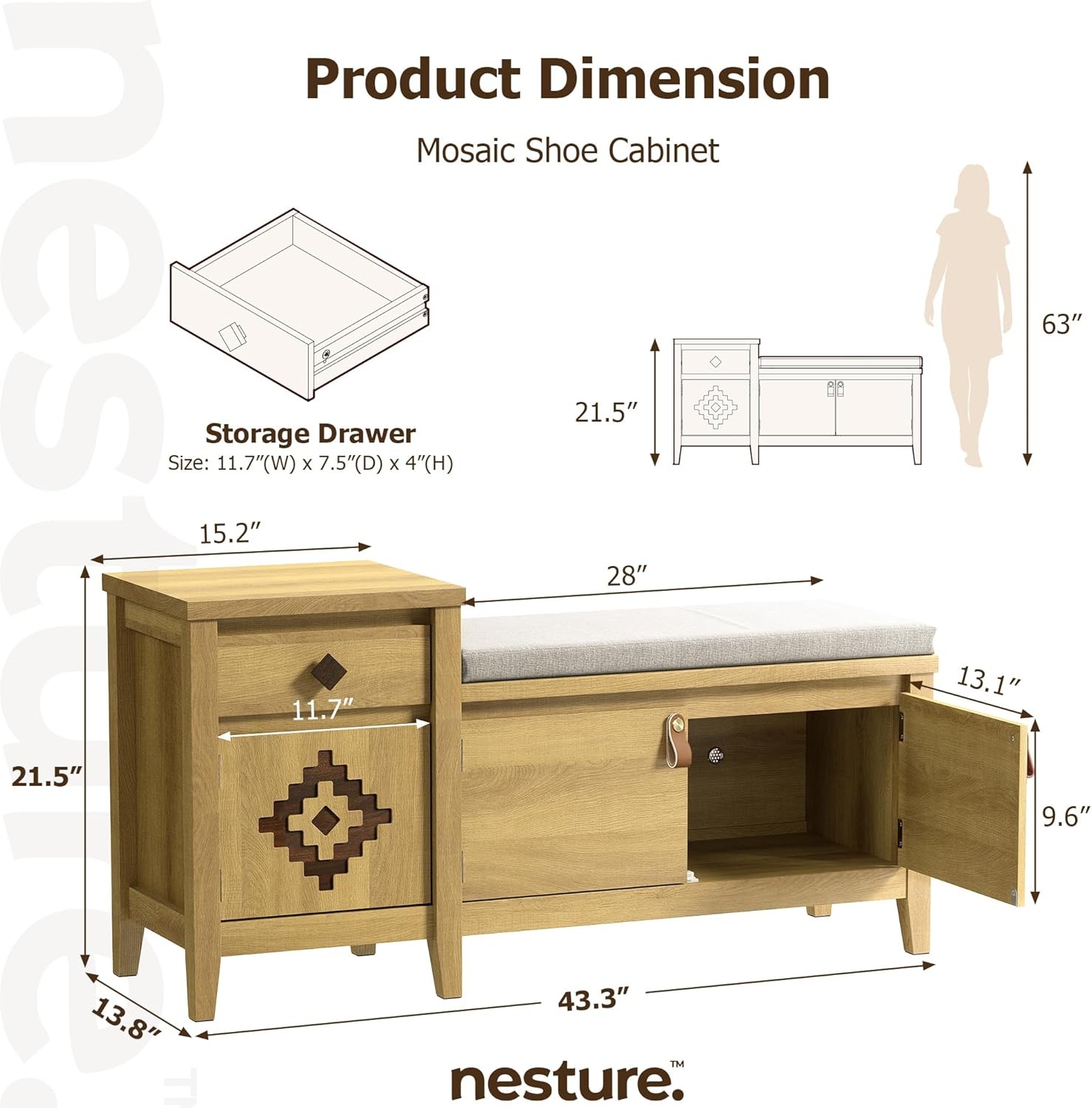 Natural 44" Rustic Entryway Storage Bench Cushioned Seat Drawer & Cubbies