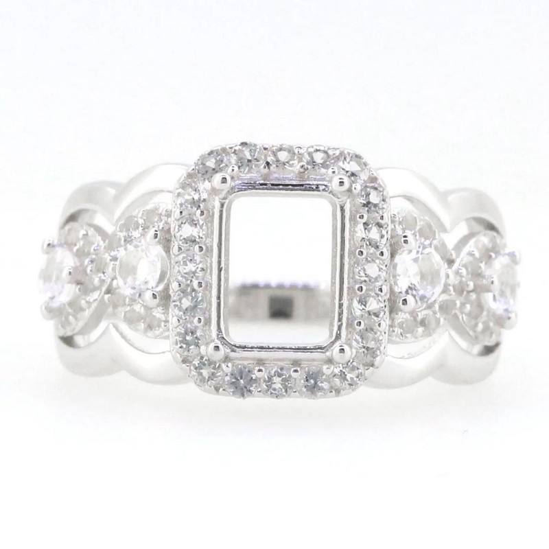 925 Sterling Silver 8x6mm Emerald Cut Semi Mount Ring Pavé Halo Band Ring