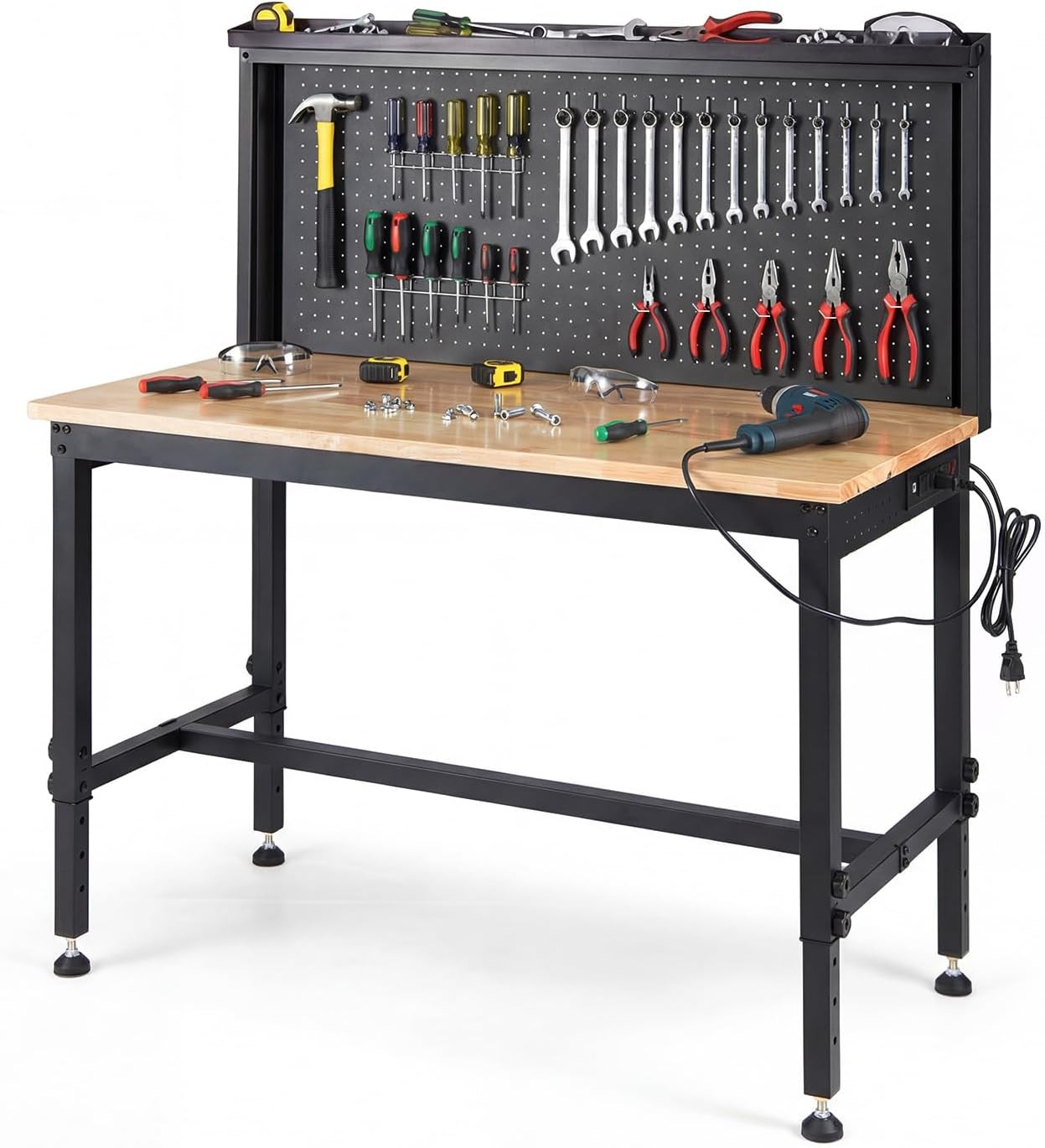 48" Workbench with AC/USB Outlets and Pegboard, 2000 LBS Work Bench, Adjustable