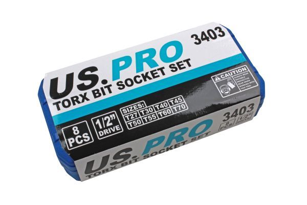 US PRO Tools 8 Piece 1/2" Drive Torx / Star Bit Socket Set T27 - T70 3403