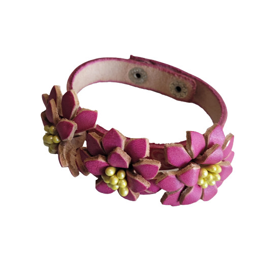 Triple Flower Cowhide Leather Bracelet Wrist Pink Handmade Handcrafted Fashion