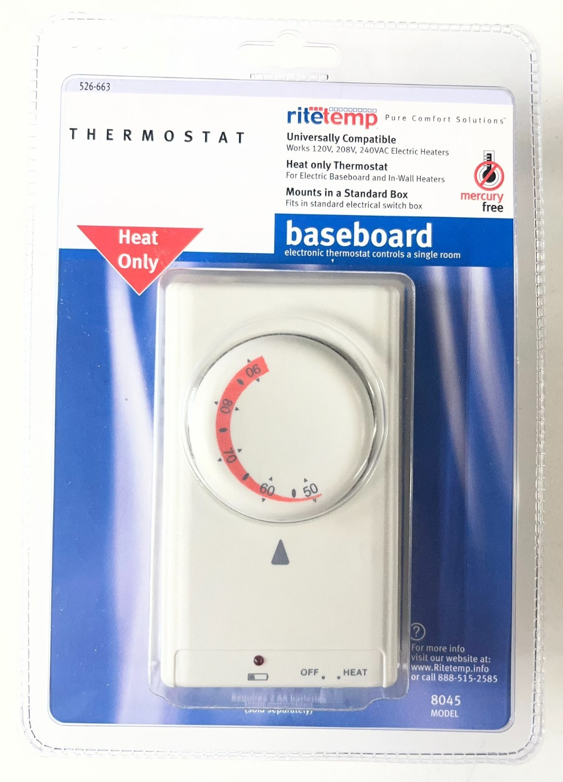 Ritetemp Heat Only Baseboard Thermostat Universal 526-663 Model 8045 NOS