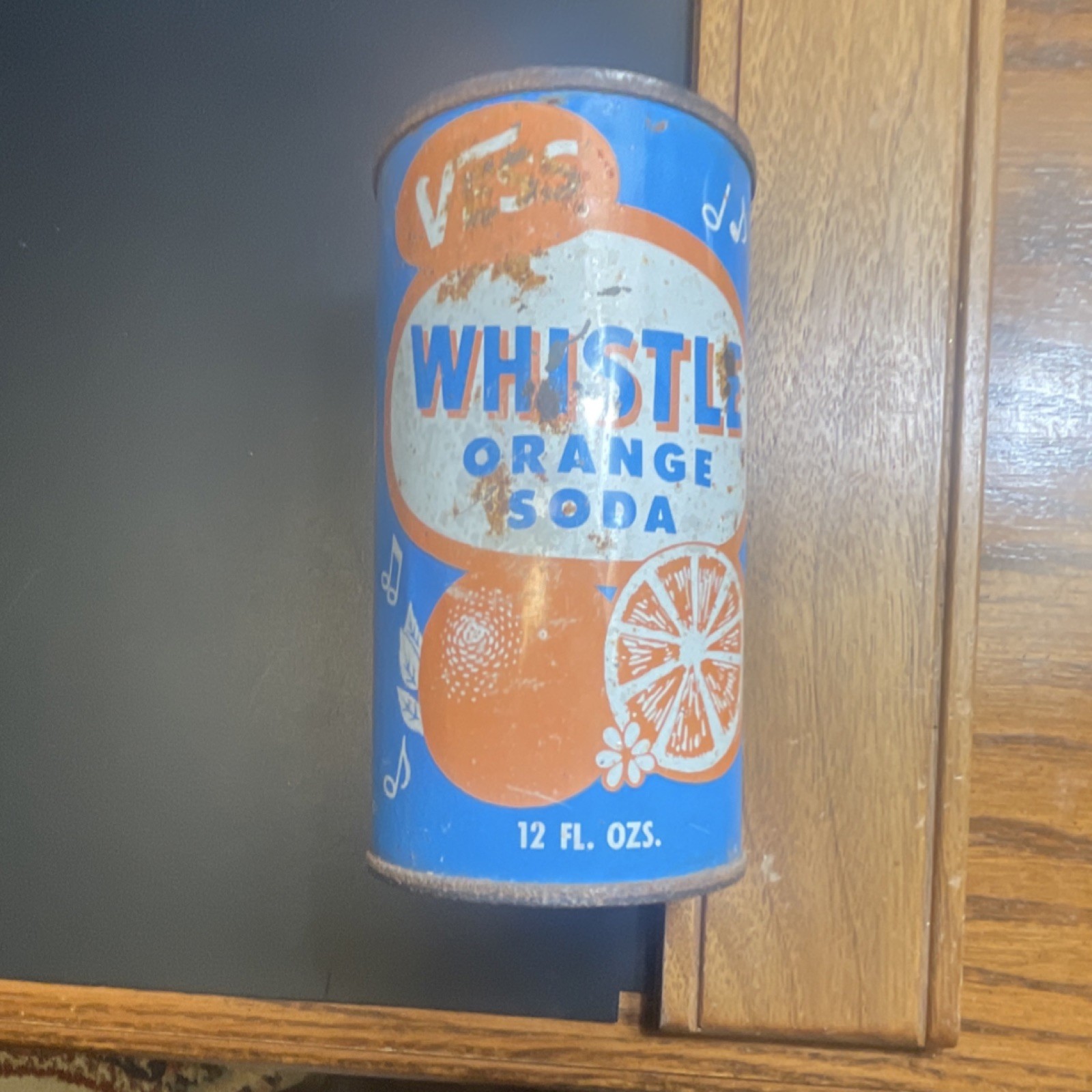 Vintage Vess Whistle Orange Soda Can 12 oz Flat Top Blue White Collectible