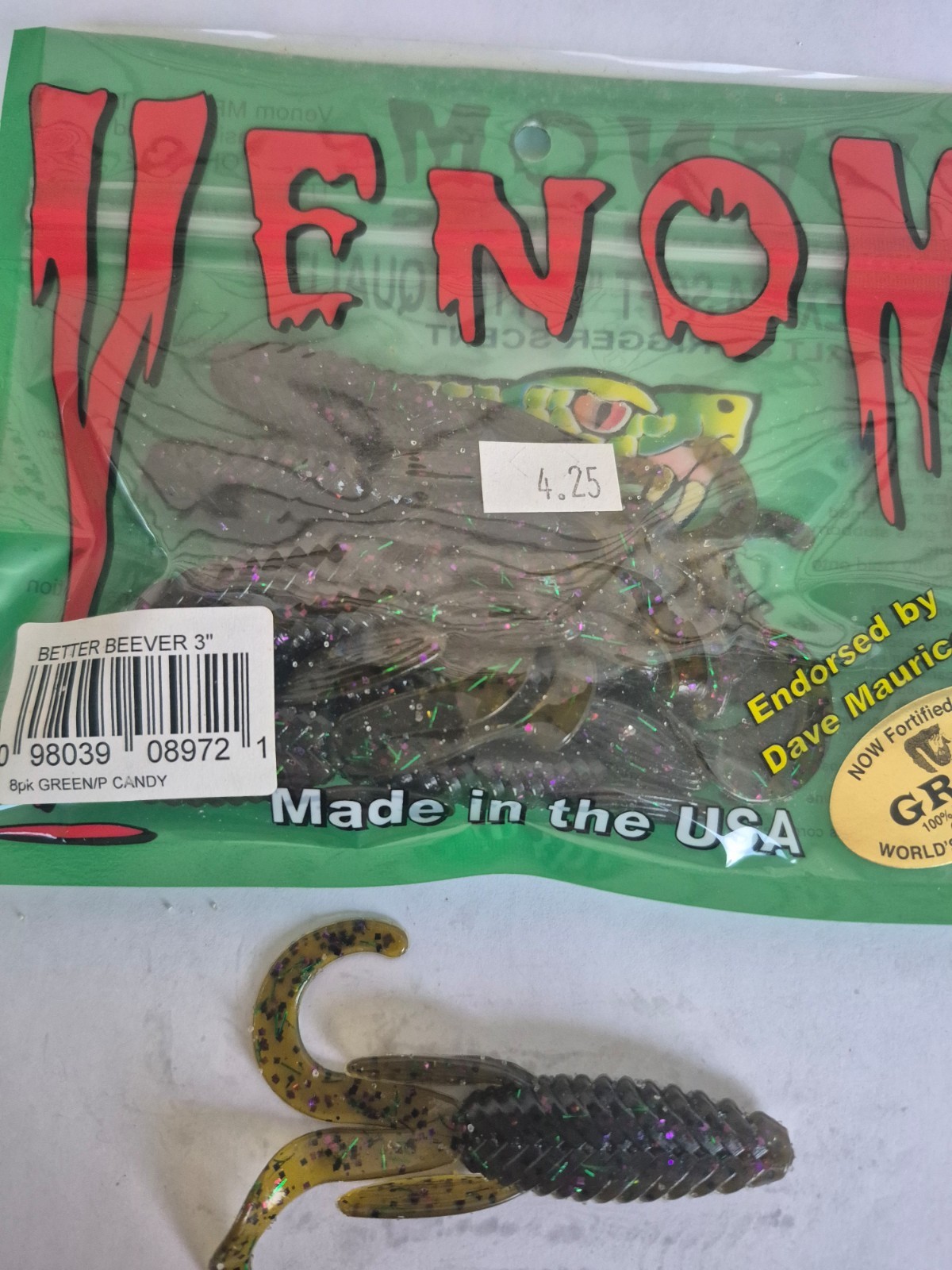 Venom Lures, Better Beever 3"  8pk  Green/P Candy
