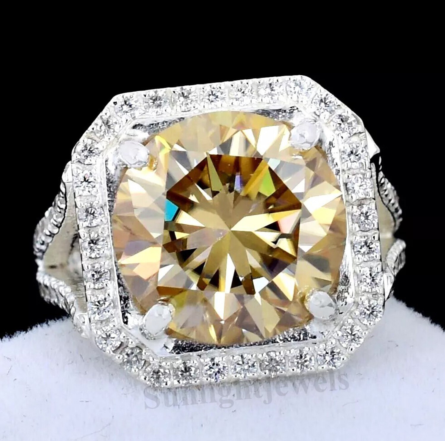 925 Sterling Silver 7.6Ct Biscuit Champagne Lab Diamond Round Ring Luxury Gift