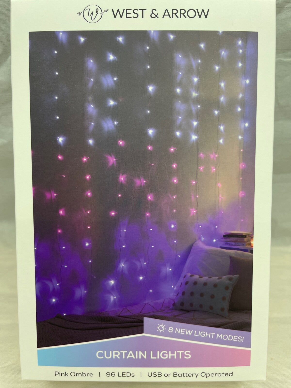 WEST & ARROW 96 LED Christmas Curtain String Light |Pink Ombre | 8ft (96") NWT