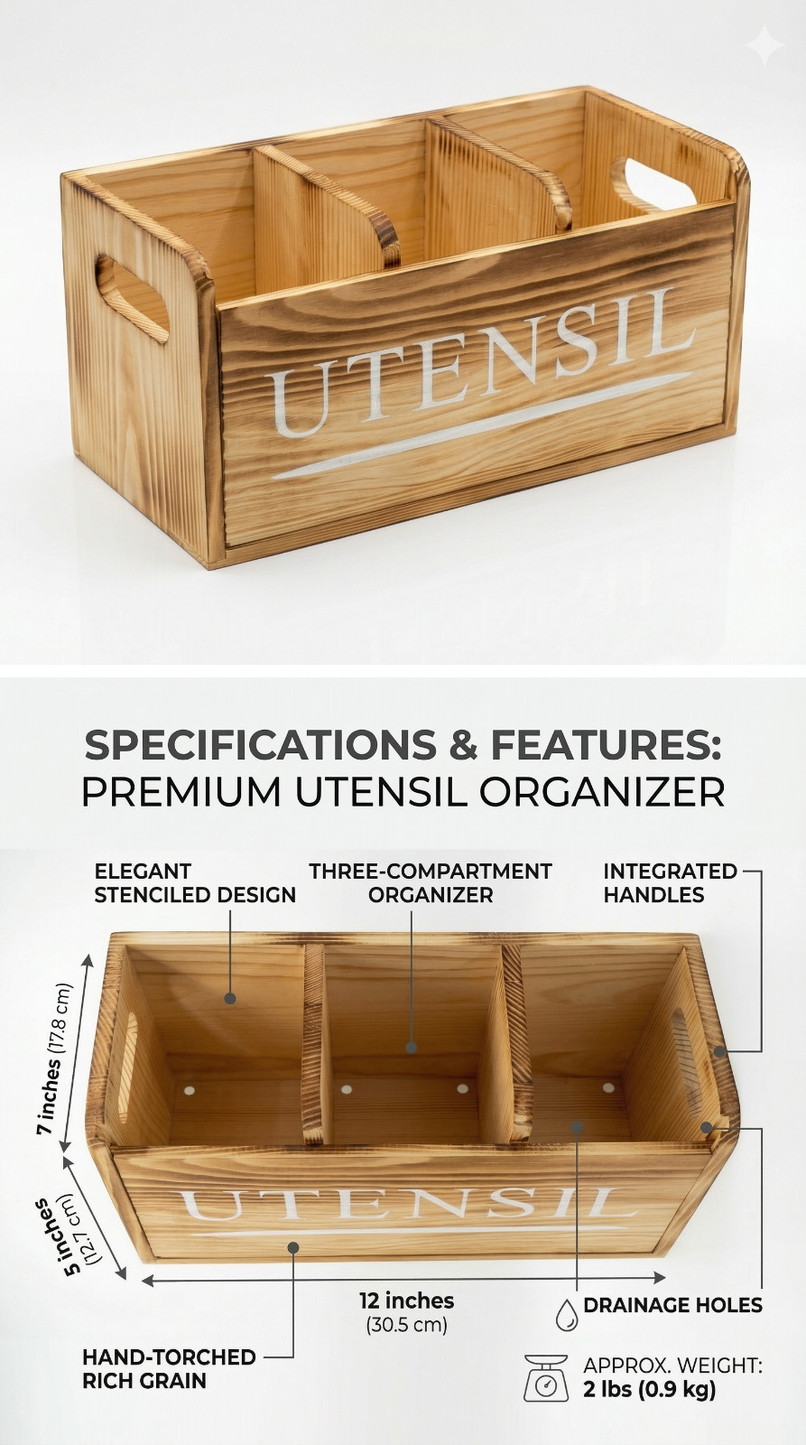 Premium Solid Wood Organizer Box with Divider – 12 × 7 × 5 in, 2 lb – Multi-Purp