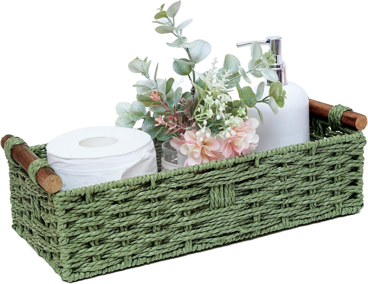 NEW Round Paper Rope Decorative Storage Bins Wicker Baskets with Handle Green