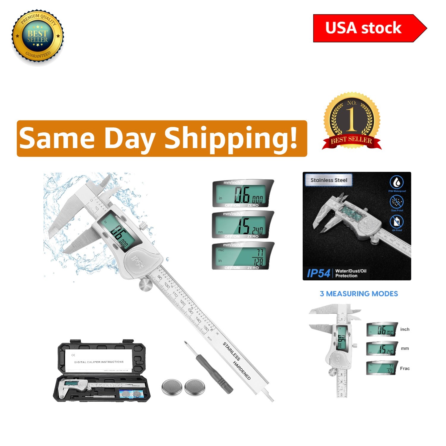 6 Inch Waterproof Stainless Steel Digital Caliper with Large LCD & Precise Me...