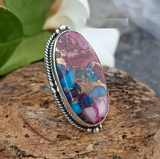 Oval Pink Cooper Turquoise Ring Boho 925 Sterling Silver Ring All Size R330