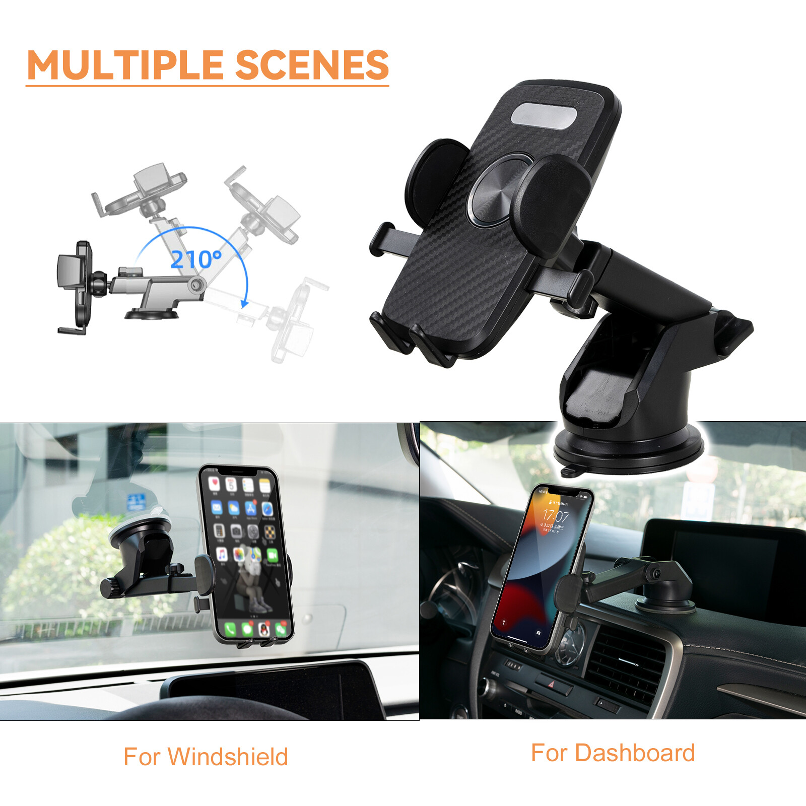 Car Phone Holder Auto Clamping Button, Universal 360° Suction Cup Mount