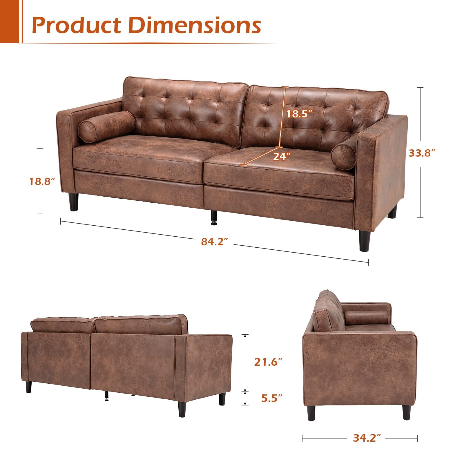 84.2'' Mid-Century Modern Sofa Comfy Sofa Couch With 2 Pillows for Living Room