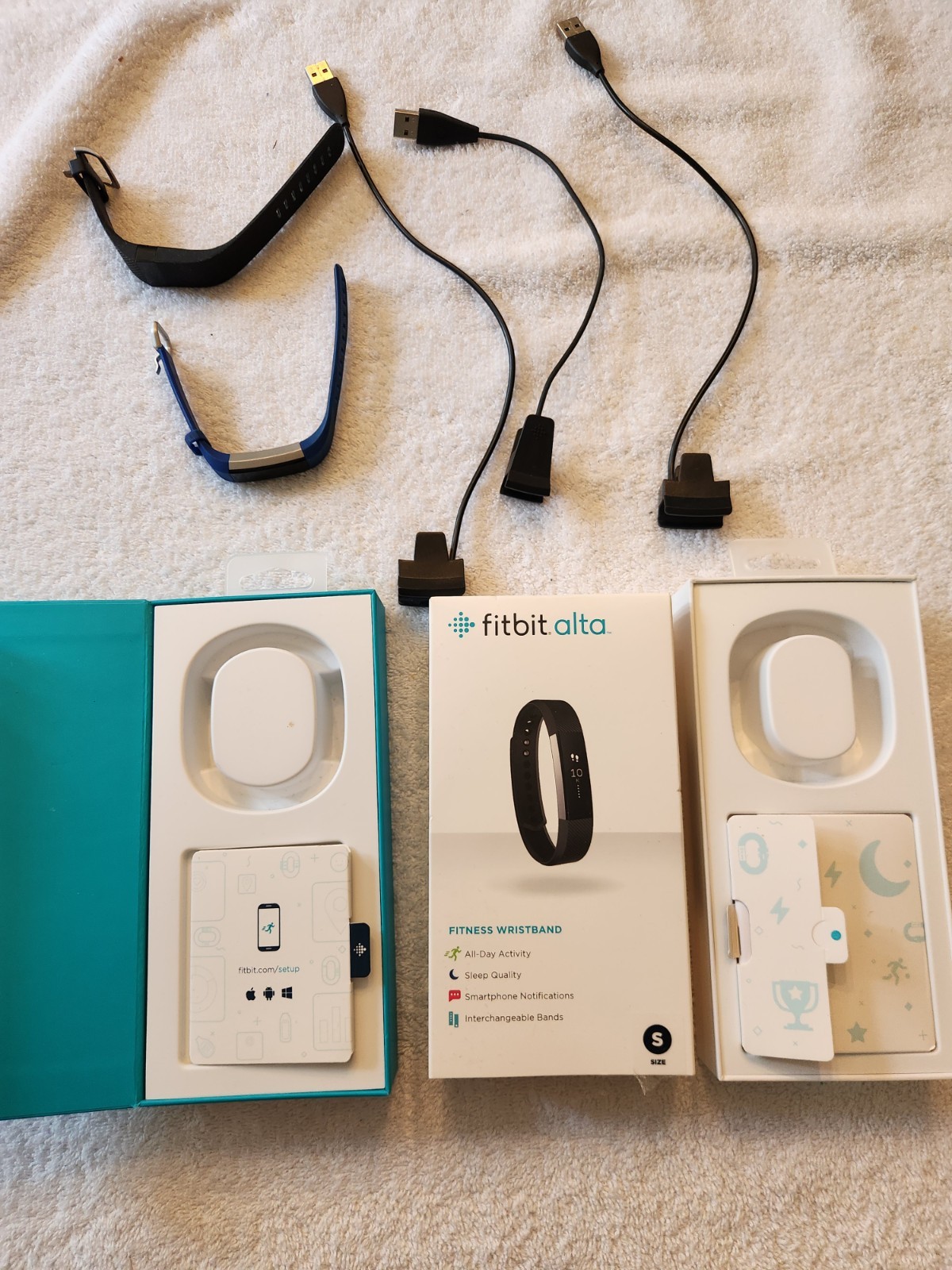 Lot Of 2 Fitbit Watches + Bands + Charging Cables + Boxes Need New Battery