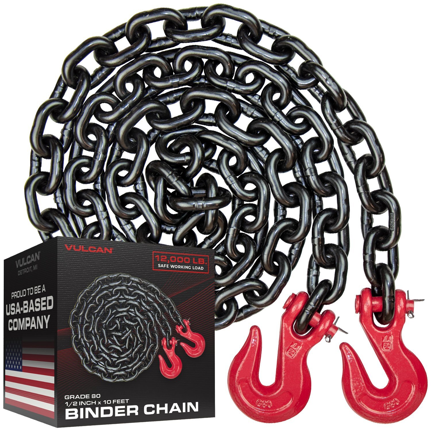 VULCAN G80 Binder/Safety Chain Tie Down, Grab Hooks - 1/2" x 10' - 12000 lbs SWL