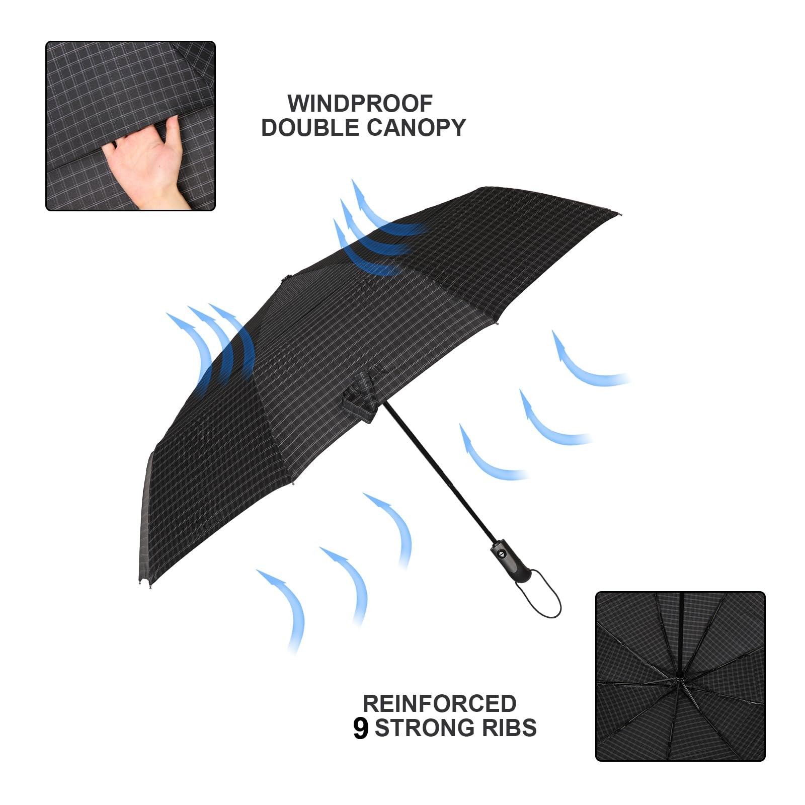 54 Inch Large Compact Umbrella Auto Open Close - 3 Folding Portable for Rain