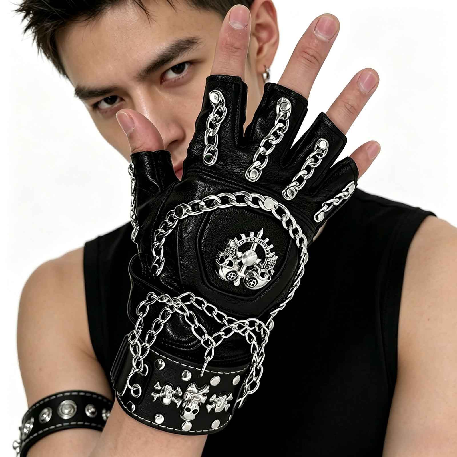Men's Punk Fingerless Gloves with Bracelet Skeleton Chain Bicycle Leather Gloves