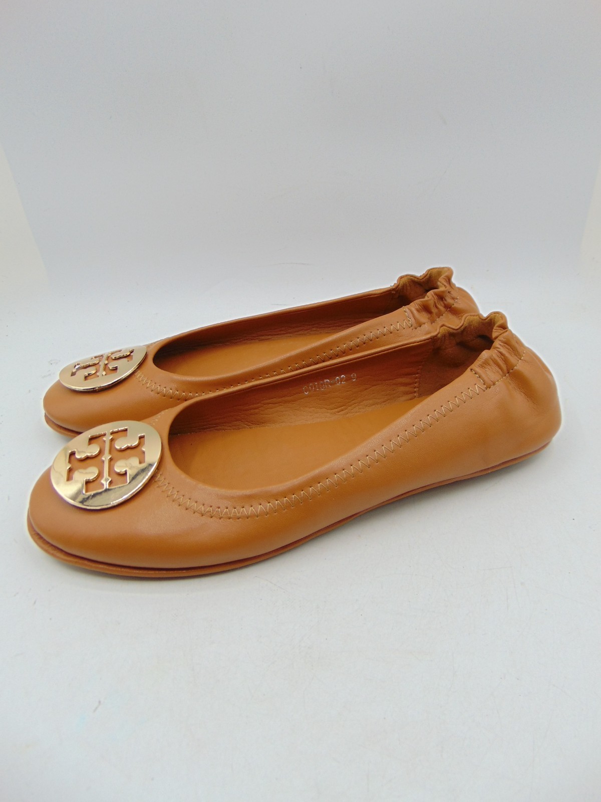 TORY BURCH Minnie Caramel Leather Ballet Flat Gold Logo Sz 9 M