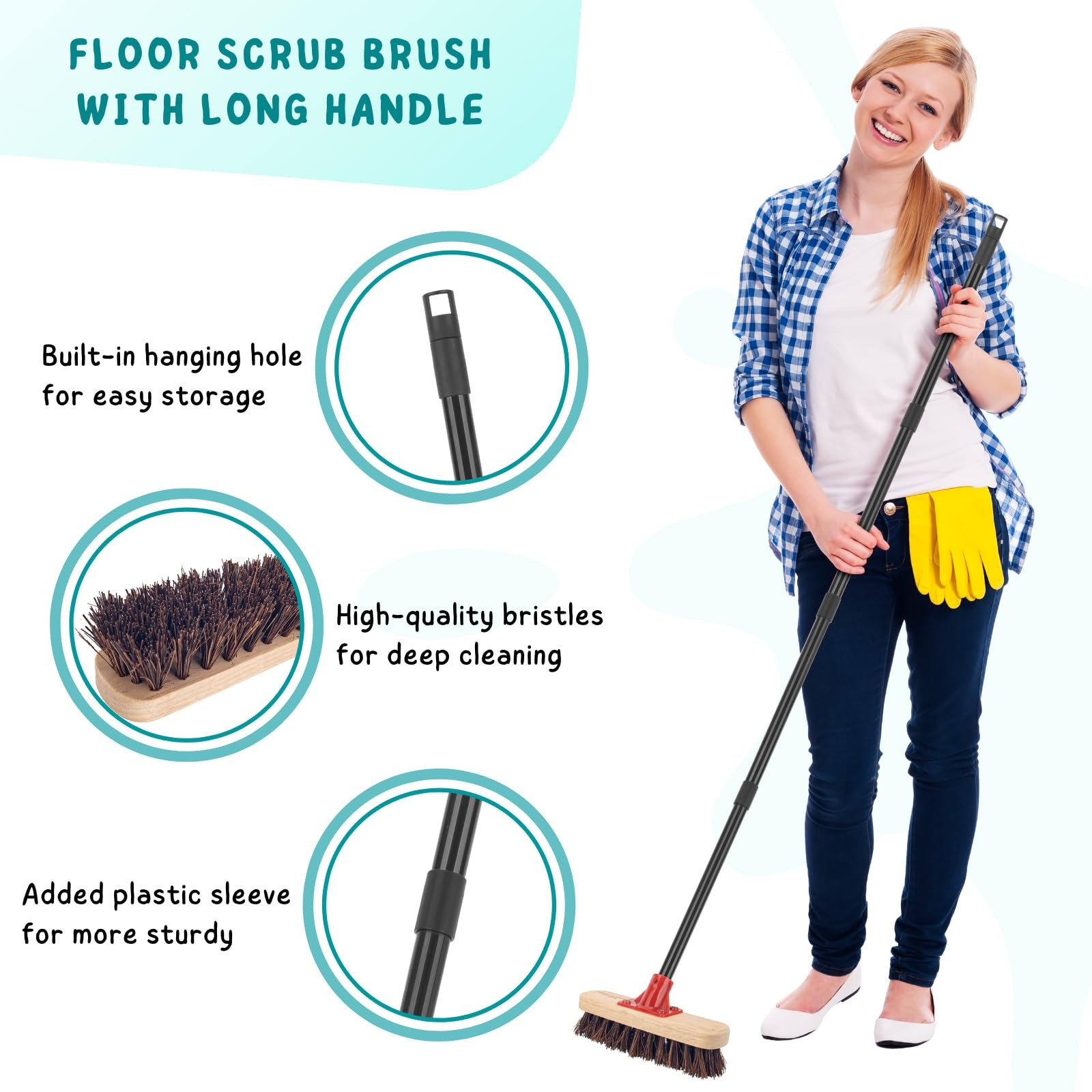 Deck Brush with Long Handle, 52'' Palmyra Bristle Scrub Broom for Boat, Wood
