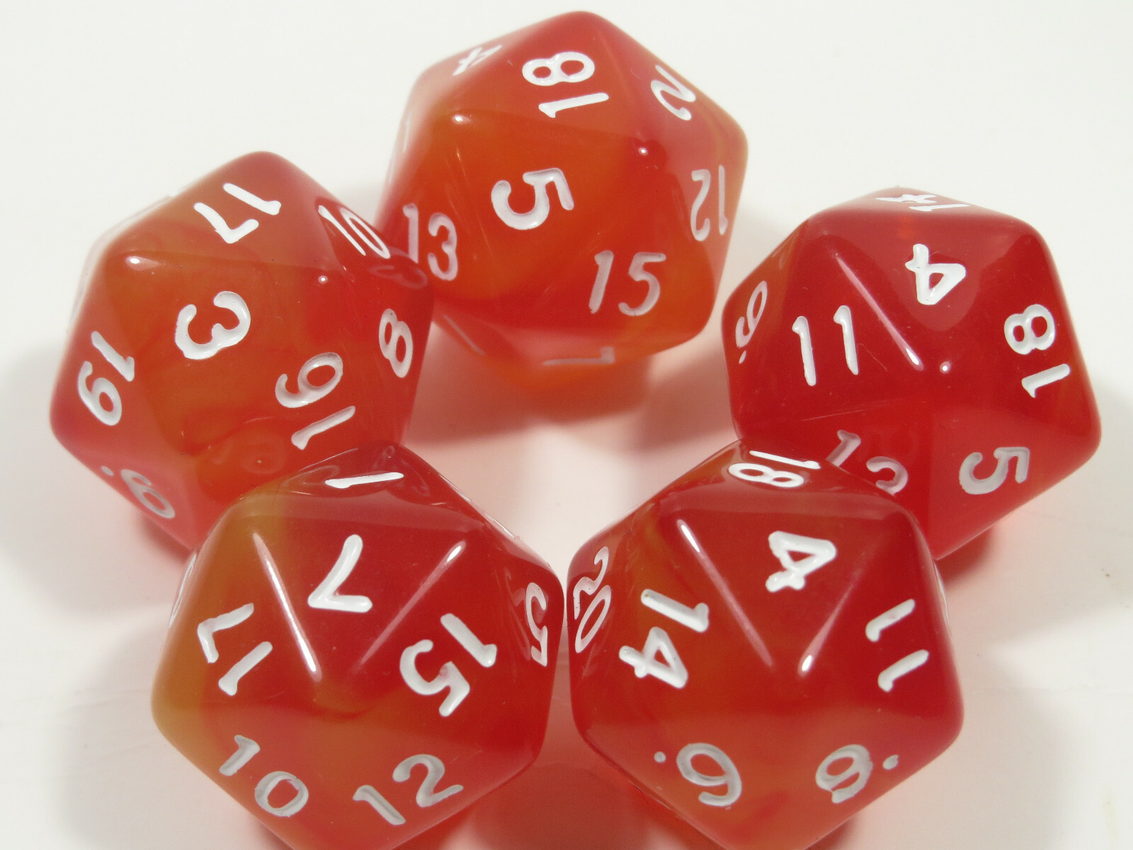 NEW RPG Dice Set of 5 D20 - Mysty Red Yellow w/White Inking