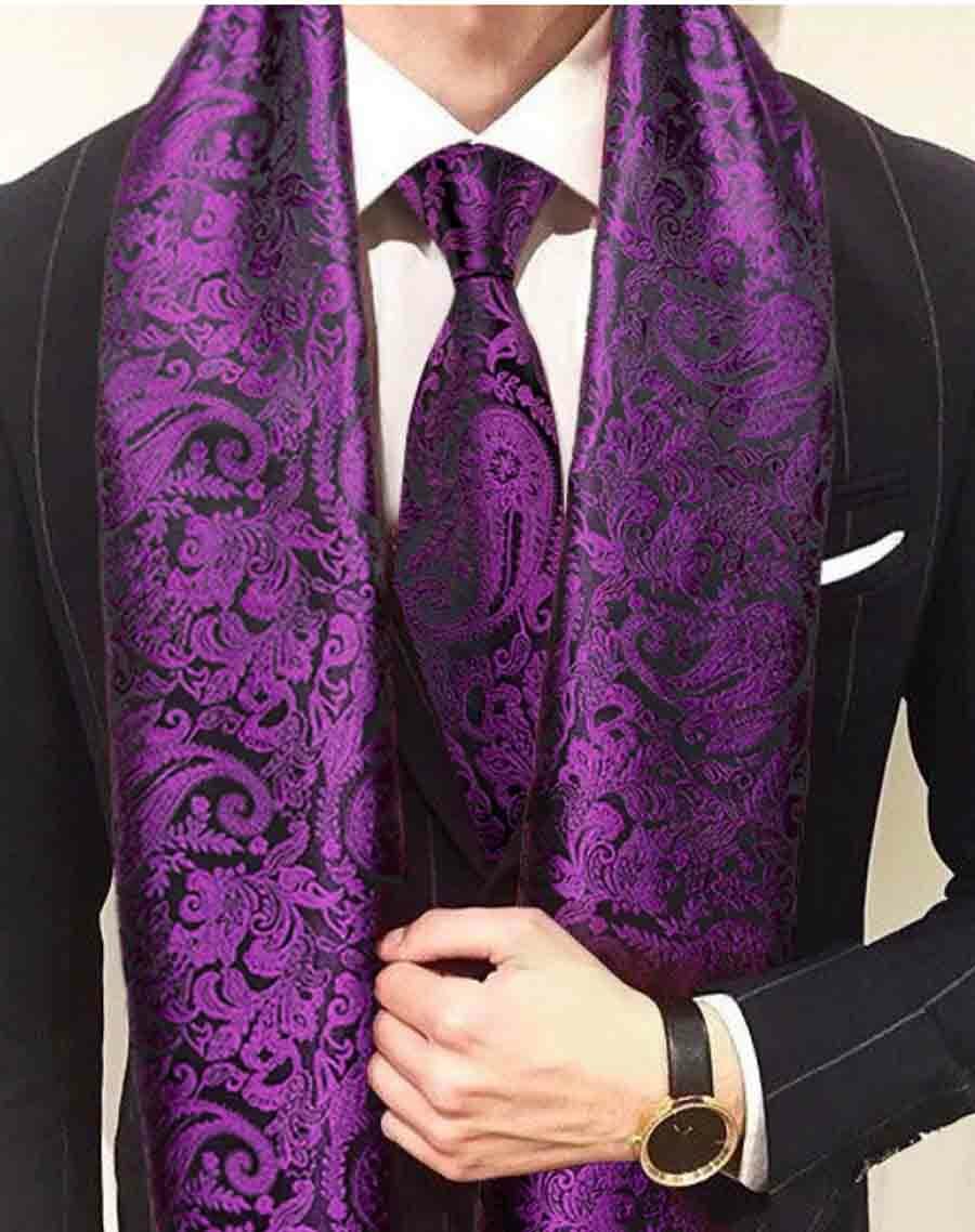 Gascoigne Formal Silk Scarf Purple Black Paisley 63 in X 19.75 in Men's