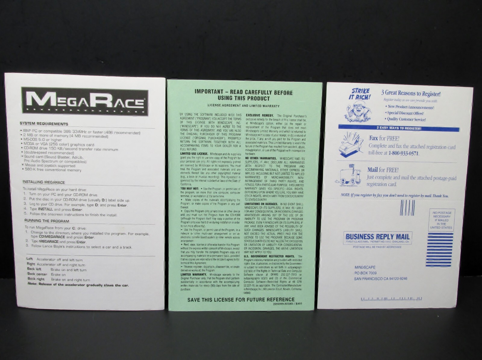 MegRace, Instruction Manual, IMB PC & Compatible, Mindscape 1983