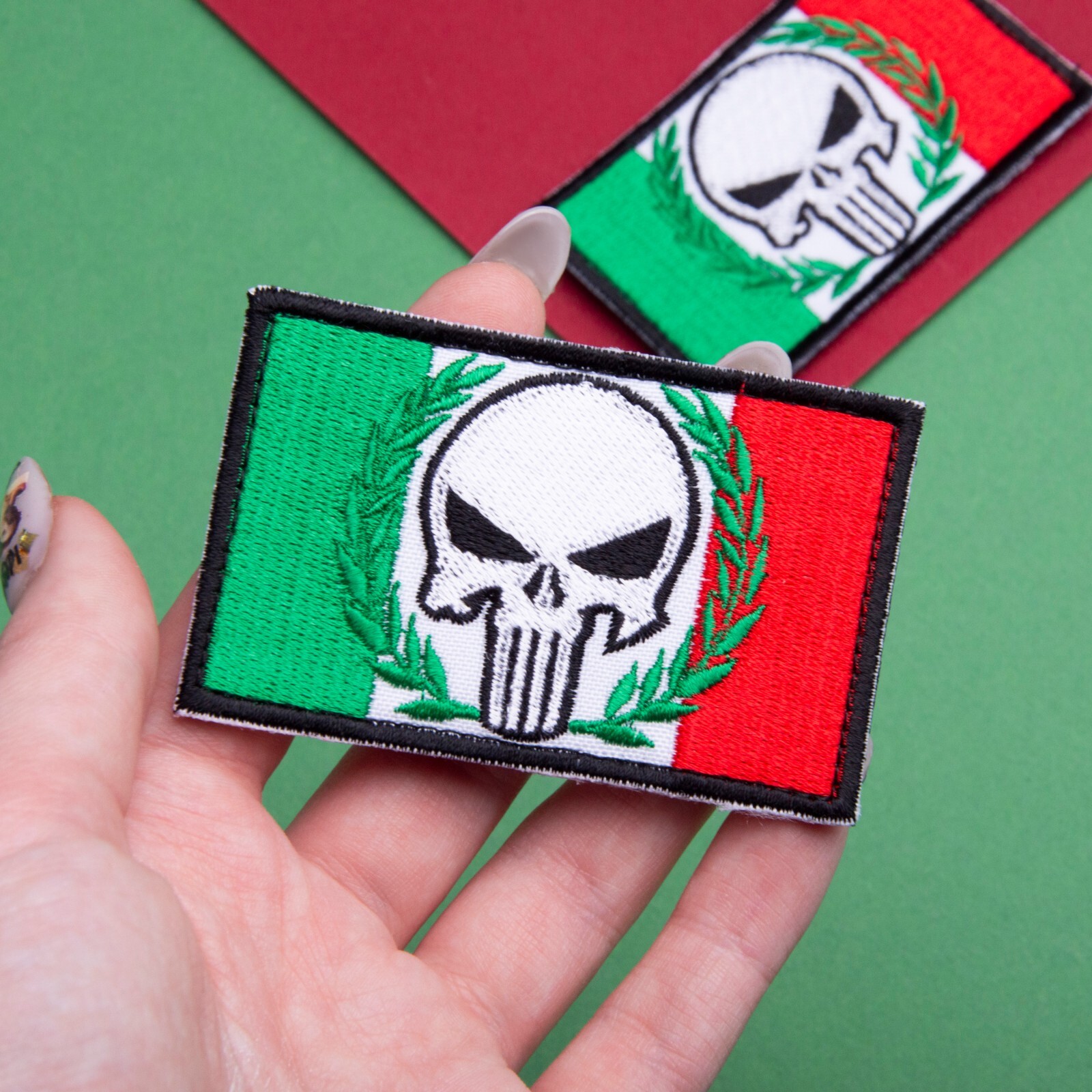 2-Pcs Dead Skull on Italian Flag Embroidered Patch with Hook & Loop Fastener 2x3