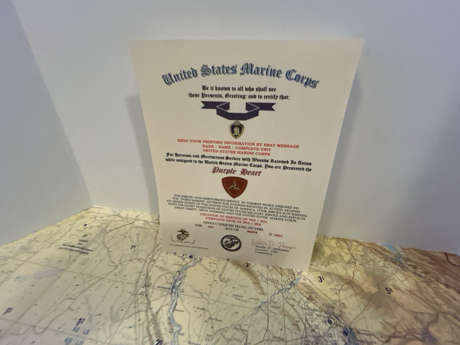 U.S.M.C. / P.H. MEDAL COMMEMORATIVE CERTIFICATE - 3RD MARINE DIVISION