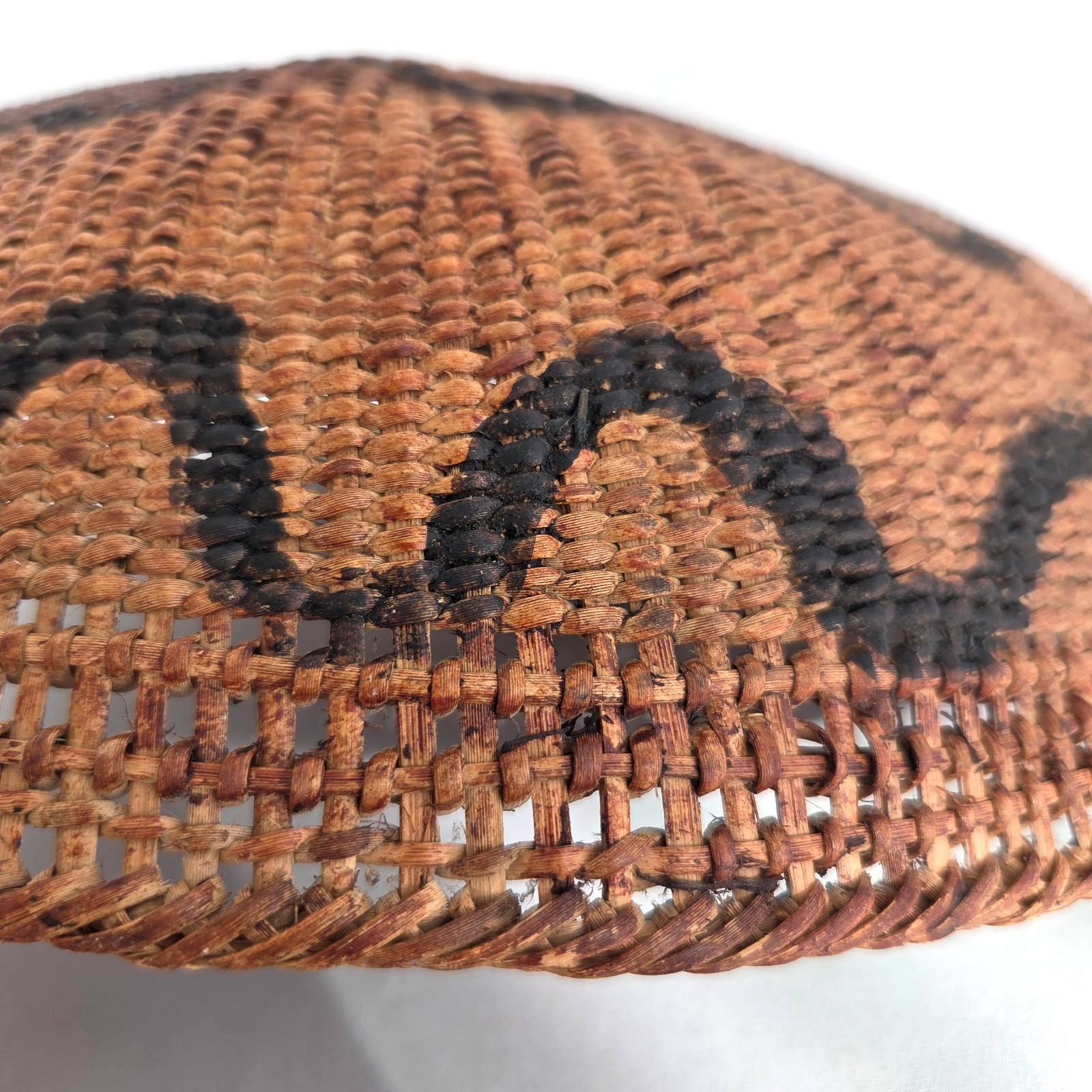 Vintage Hand Woven 11" Round Basket with Black Primitive Design