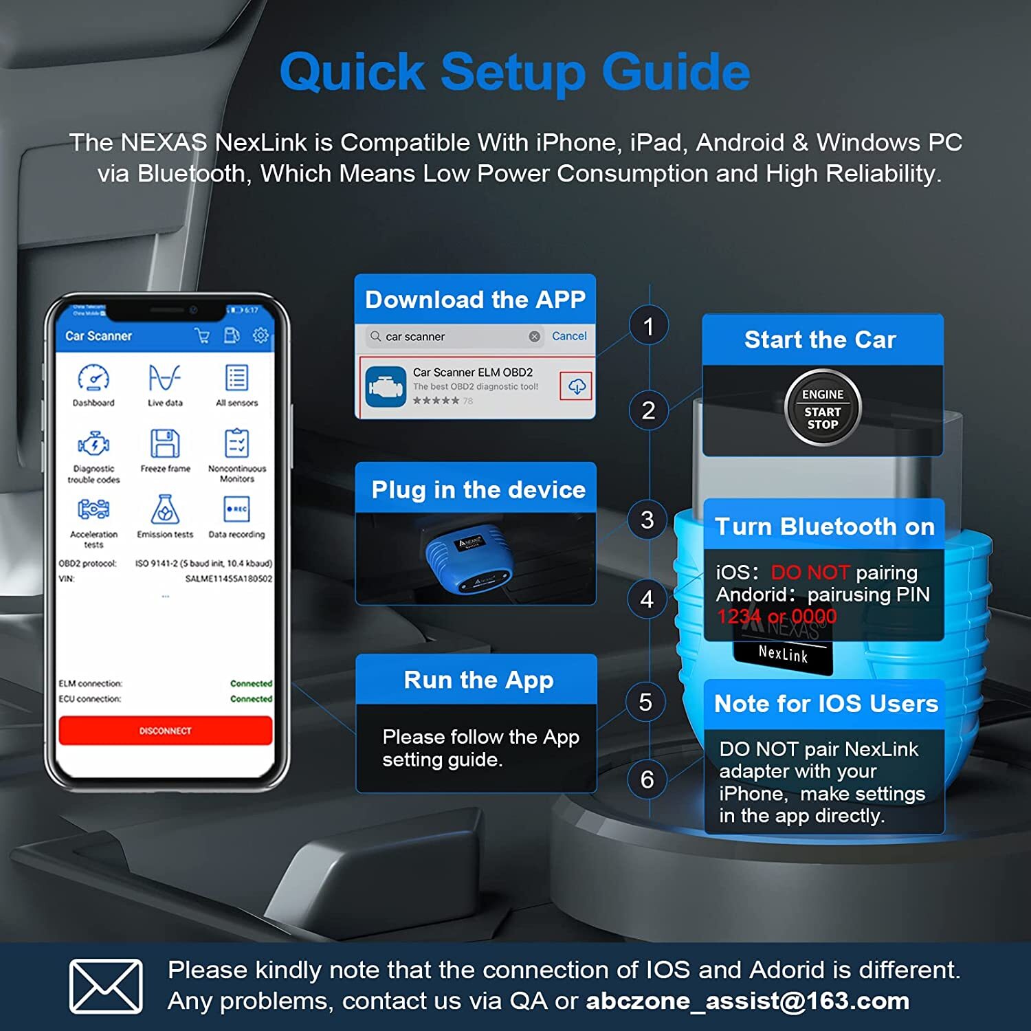Car & Motorcycle Bluetooth Diagnostic Tool OBD2 Scanner Code Reader Check Engine