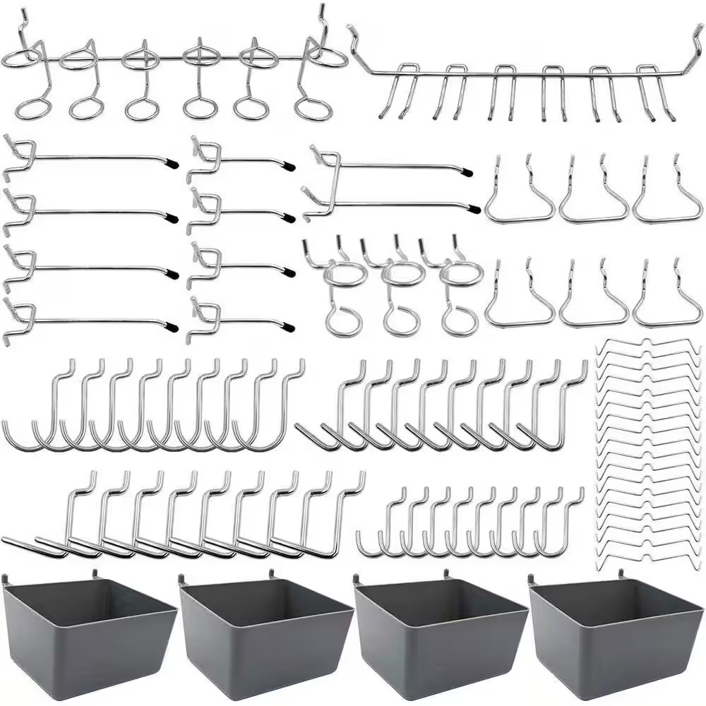 Pegboard Hooks Assortment with Pegboard Bins and Peg Locks for Organizing Variou