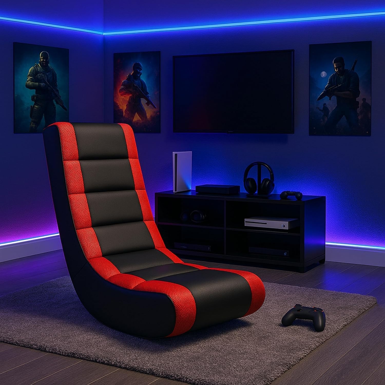 Kids Video Rocker Gaming Chair PU Leather Mesh Black Red