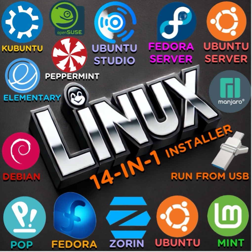 Linux Multi-Boot USB Installer 14-in-1 | Dual USB-A & USB-C | Ubuntu, Mint, Etc