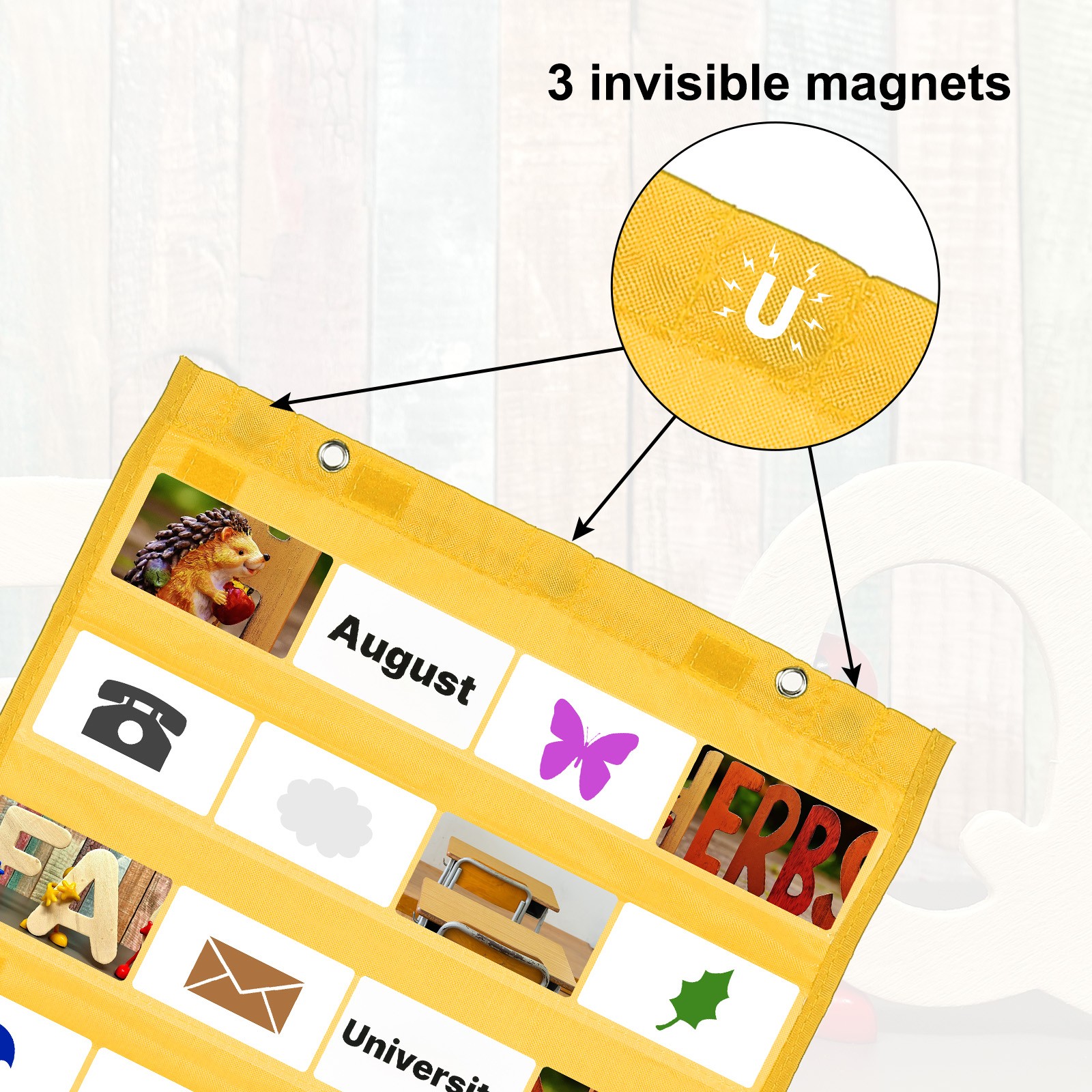 Magnetic Pocket Chart, Small Pocket Chart for Classroom Hanging, Yellow