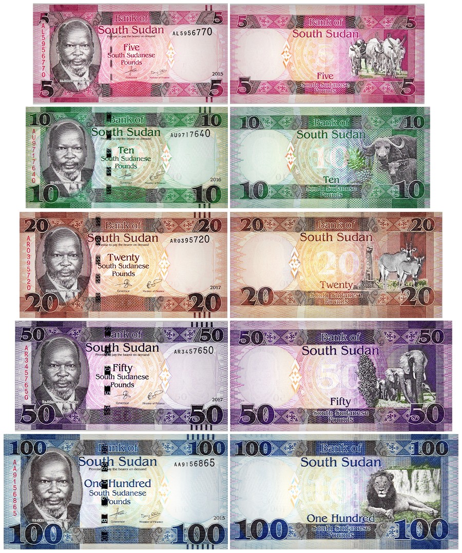 South Sudan 5 - 100 Pounds, 5 Pieces Set, 2011-2017, P-9-15, UNC