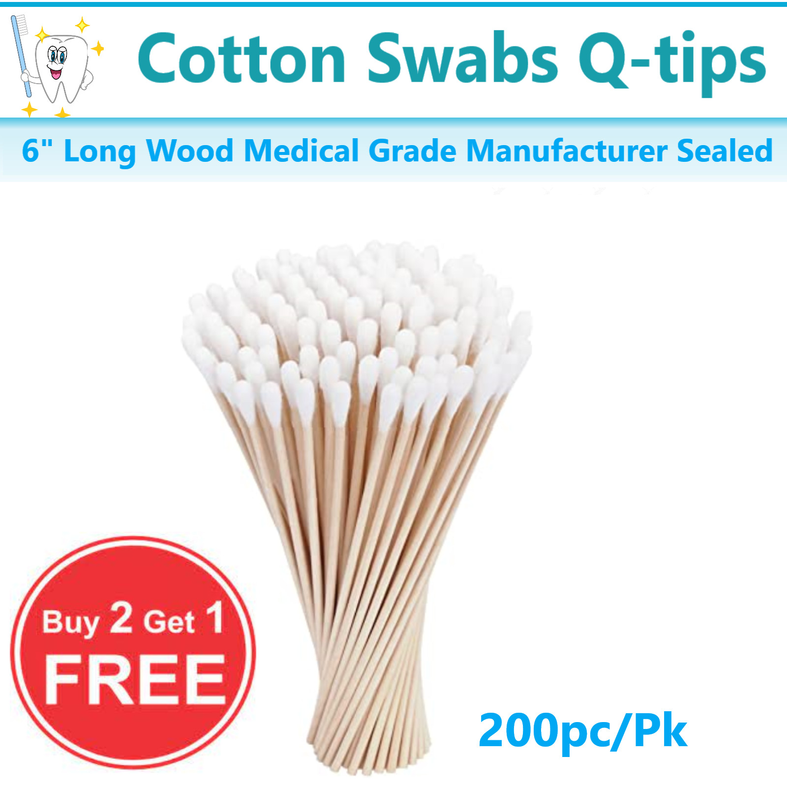 200Pk Cotton Swabs Swab Q-tips 6" Long Wood Medical Grade Manufacturer Sealed