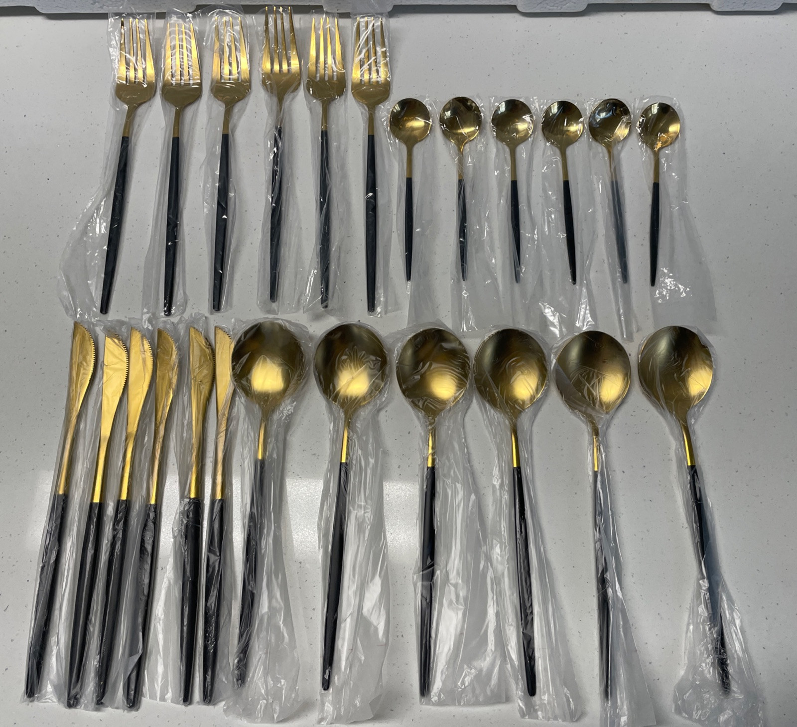 Black/Gold Set-24-Piece Stainless Steel Cutlery Set Flatware- NEW - One Flaw